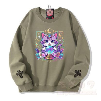 Tarot-Katze-Kristallkugel-Kreuz-Grafik Modakawa Sweatshirt - Hellkhaki - 5XL - image 6