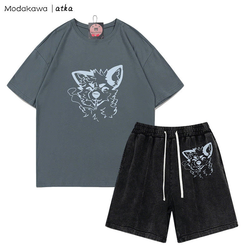 MODAKAWA X atka Fox Smoking Graphic T-Shirt Vintage Washed Shorts Zweiteiliges Set - Grey&Black - 3XL - image 8