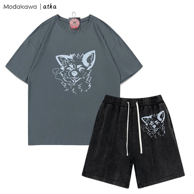 MODAKAWA X atka Fox Smoking Graphic T-Shirt Vintage Washed Shorts Zweiteiliges Set - Grey&Black - 3XL - image 8