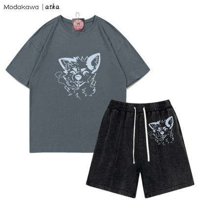 MODAKAWA X atka Fox Smoking Graphic T-Shirt Vintage Washed Shorts Zweiteiliges Set - Grey&Black - 3XL - image 8