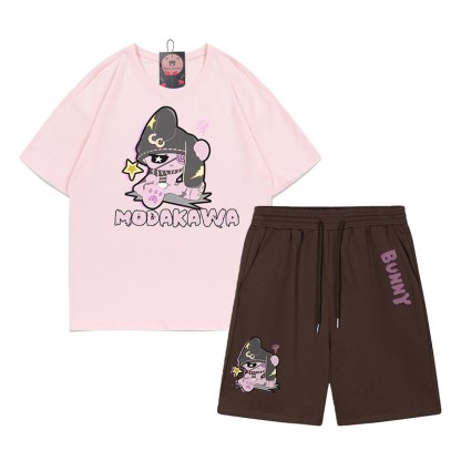 Unhappy Bunny Grafik Dunkle Ästhetik T-Shirt Shorts Zweiteiliges Set - Rosa&Braun - A - 5XL - image 4