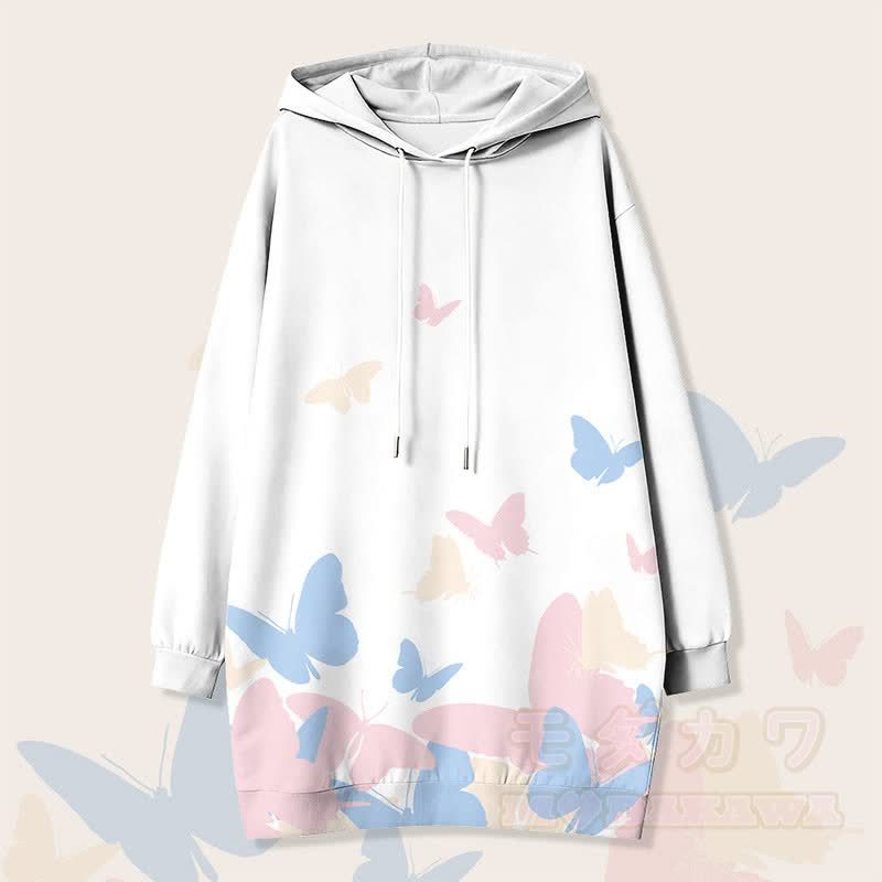 Modakawa Kapuzenpulloverkleid mit Schmetterlingsmotiv und Seitentaschen - Weiß - 4XL - image 3