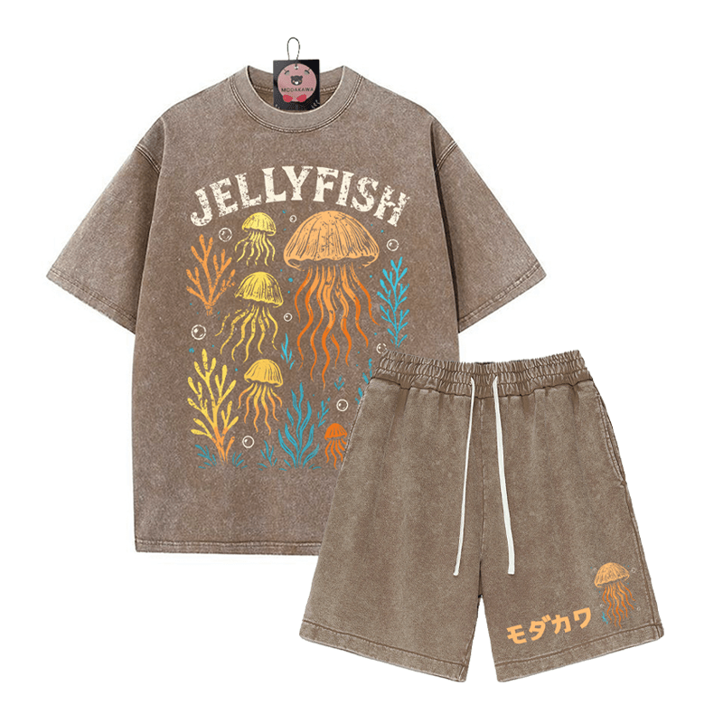 JELLYFISH T-Shirt Vintage Washed Shorts MODAKAWA Zweiteiliges Set - Brown - 3XL - image 5