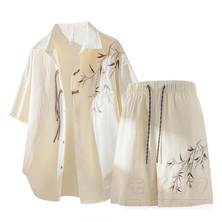 Bambusbesticktes Hemd mit Knopfleiste und Shorts - Aprikosen-Set - 3XL - image 12