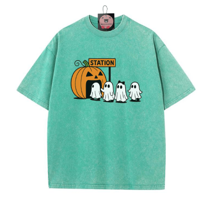 T-Shirt mit Kürbisgeist-Print im Vintage-Waschungs-Look - Grün - 5XL - image 4