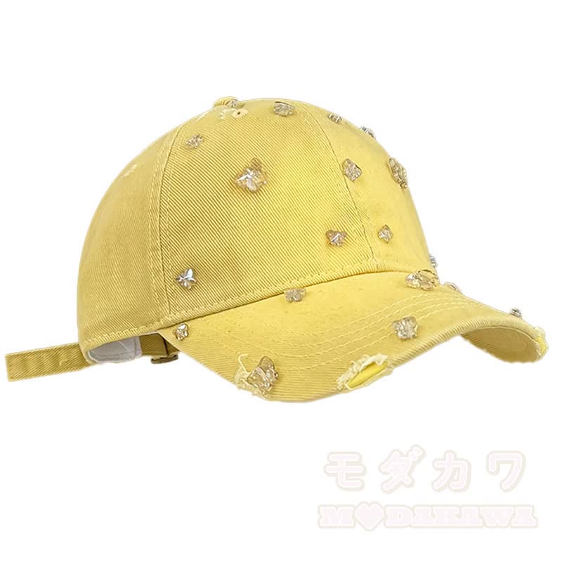 Baseballkappe mit Strasssteinen und Schmetterlingsmotiv im Used-Look - Gelb - image 5