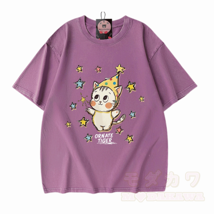 Verzierter Tiger, Stern-Tiger-Grafik, Modakawa Unisex Vintage Washed T-Shirt - Lila - 5XL - image 8