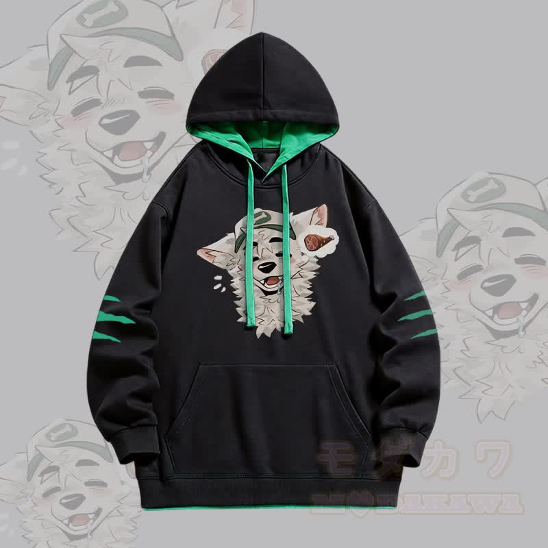 MODAKAWA X atka Fox Wants Meat Grafik Oversized Pullover Hoodie mit Kontrastfutter - Schwarz - 4XL - image 3