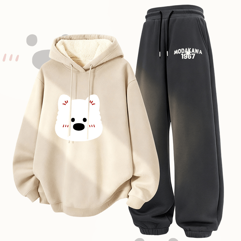 MODAKAWA Zweiteiliges Set aus Hoodie und Hose mit niedlichem Bärenmotiv, dick gefüttert mit Fleece - Apricot&Dark Grey - 5XL - image 3