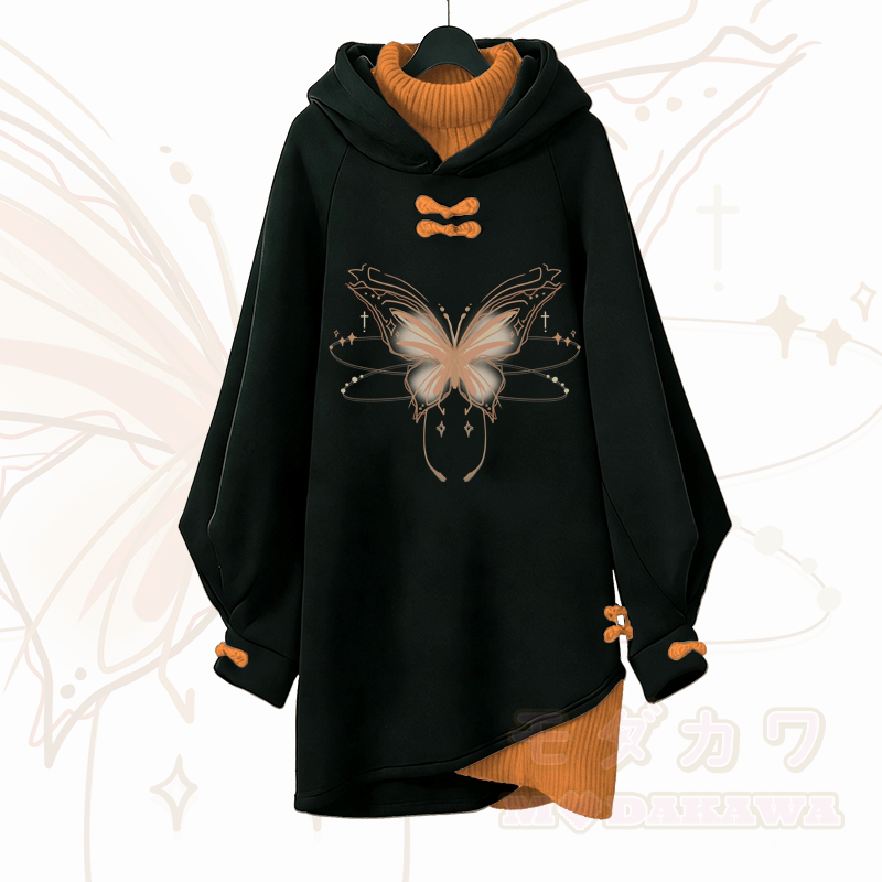 Vintage Kapuzenpullover-Kleid mit leuchtendem Schmetterlingsmotiv und Modakawa-Schnalle - Orange - 3XL - image 3