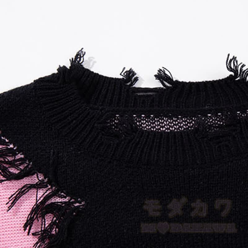 Dunkelblauer, modischer Strickpullover mit Kreuzmuster, Fransen und Used- Farben in Farbblockoptik - image 4