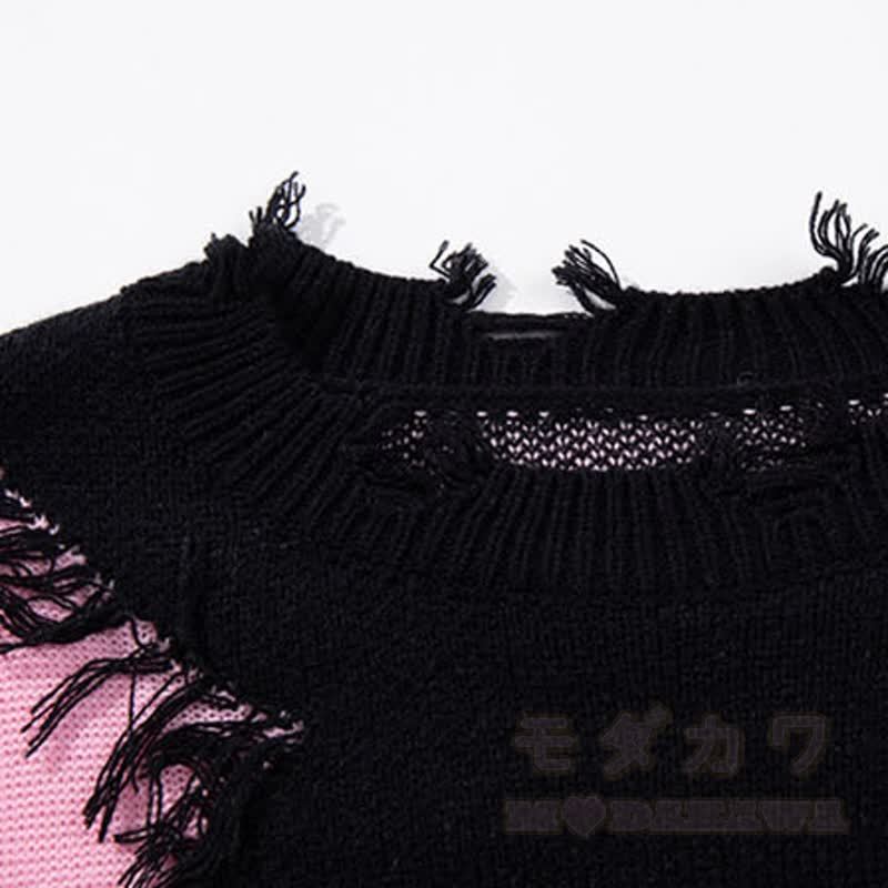 Dunkelblauer, modischer Strickpullover mit Kreuzmuster, Fransen und Used- Farben in Farbblockoptik - image 4