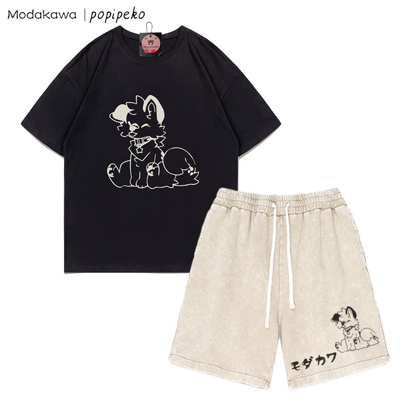 T-Shirt mit Welpen-Grafik und verwaschenen Vintage-Shorts, zweiteiliges Set - Black&Apricot - 3XL - image 6