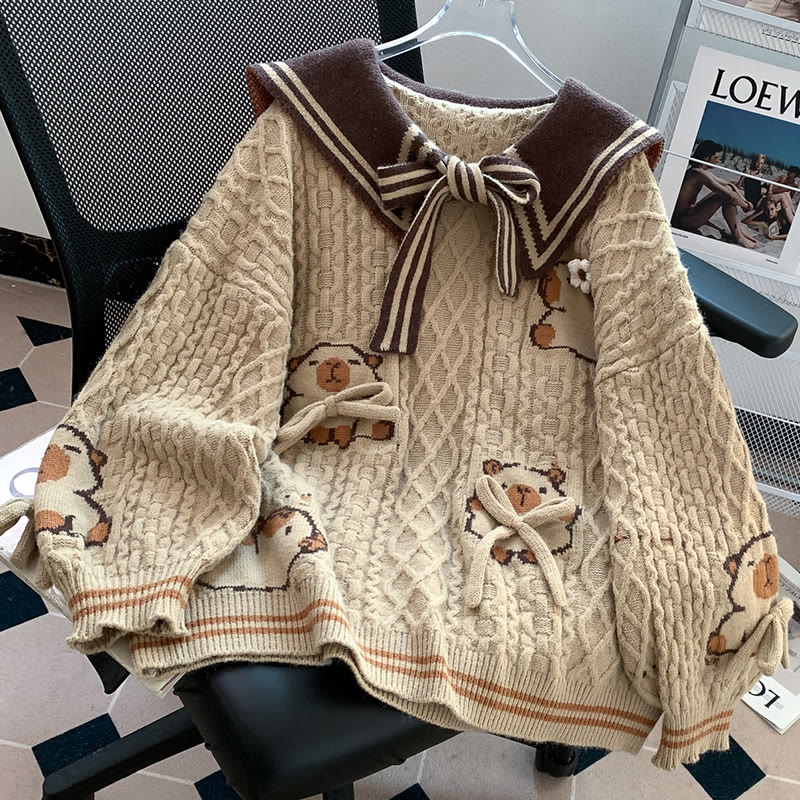 3D-Schleife Capybara Matrosenkragen Strickpullover - Khaki - One Size - image 3