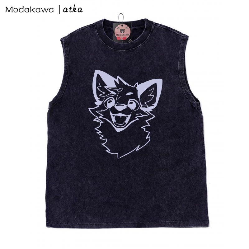 MODAKAWA X atka Fox Graphic Unisex Vintage Washed Ärmelloses T-Shirt - Schwarz - 2XL - image 4