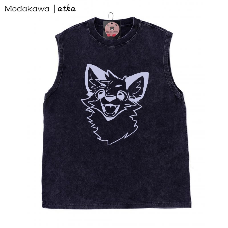 MODAKAWA X atka Fox Graphic Unisex Vintage Washed Ärmelloses T-Shirt - Schwarz - 2XL - image 4