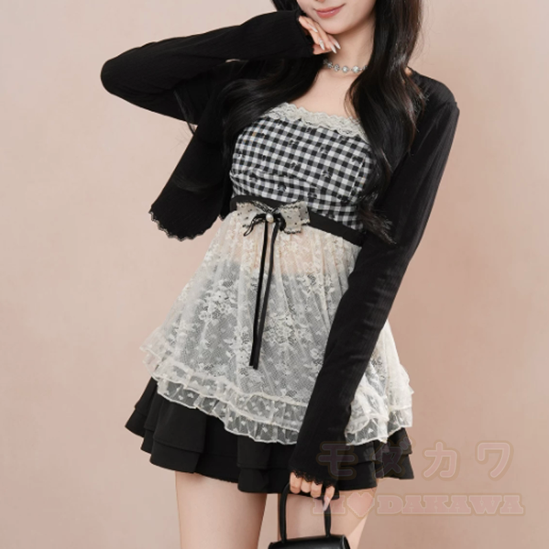 Dreiteiliges Set aus kariertem Spitzen-Cami-Top, langärmeliger Rüschen-Cardigan und Rock - image 5
