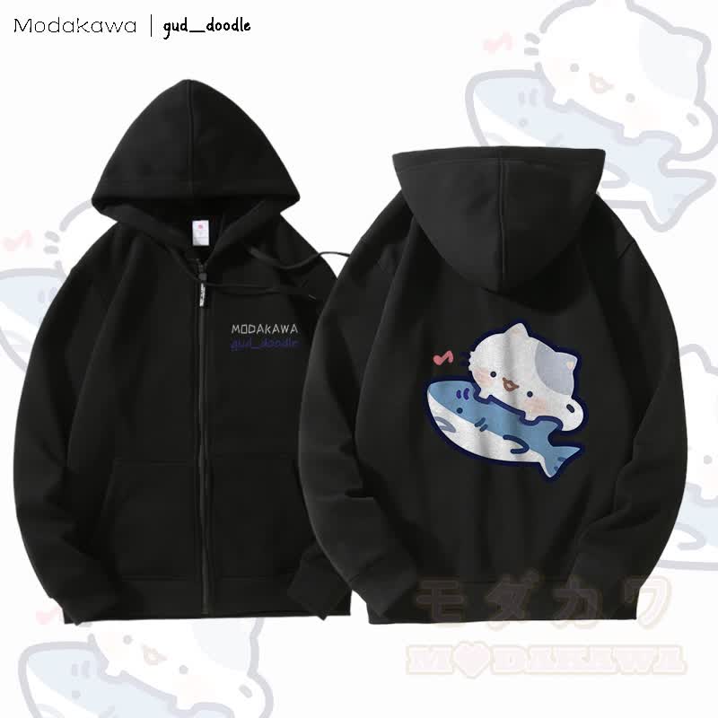 MODAKAWA X gud_doodle Kitty Shark Grafik Fleece gefütterter Kapuzenpullover mit Reißverschluss - Schwarz - 5XL - image 5