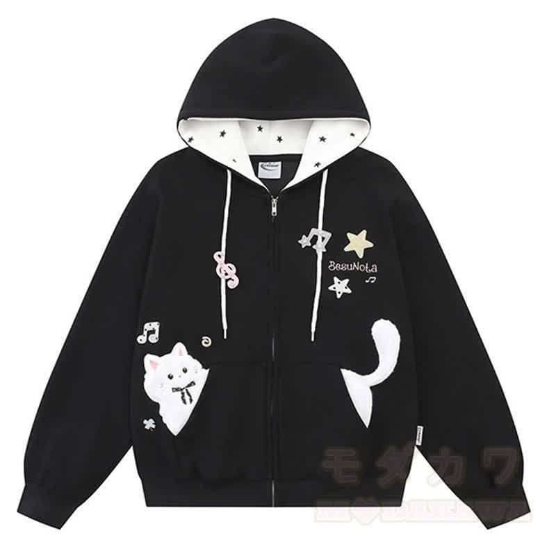 Hochwertige, strapazierfähige Kapuzenjacke mit Kawaii-Katzenstickerei und Reißverschluss, verziert mit einem Reißverschluss und Kawaii-Katzenstickerei - Schwarz - XL - image 10