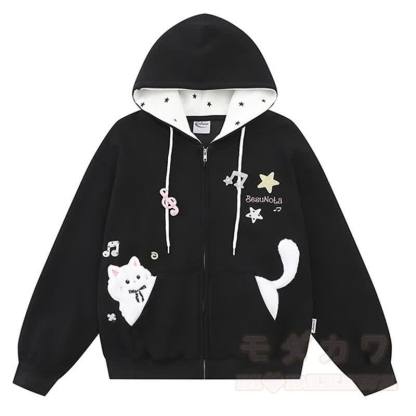 Hochwertige, strapazierfähige Kapuzenjacke mit Kawaii-Katzenstickerei und Reißverschluss, verziert mit einem Reißverschluss und Kawaii-Katzenstickerei - Schwarz - XL - image 10