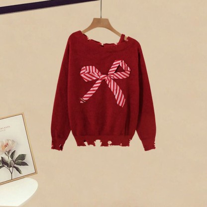 Schleifen-Pullover mit Rissen, kariertes Unterkleid, passendes Outfit - Red Sweater - 3XL - image 4
