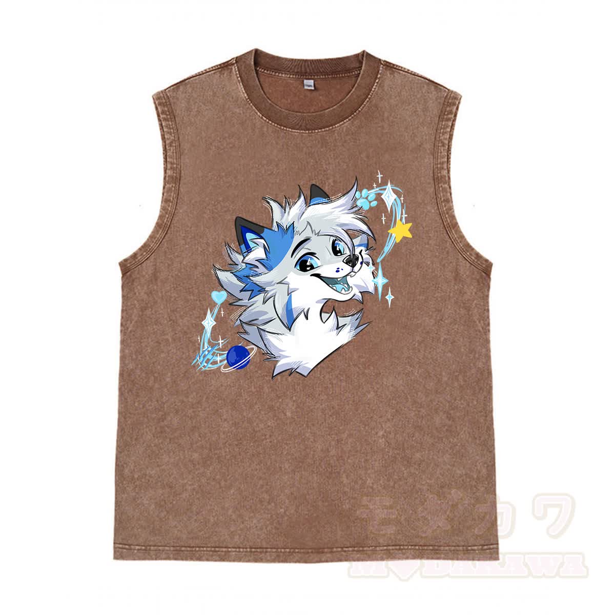 MODAKAWA X Space Barker Smile Graphic Unisex Vintage Washed Ärmelloses T-Shirt - Braun - 2XL - image 4