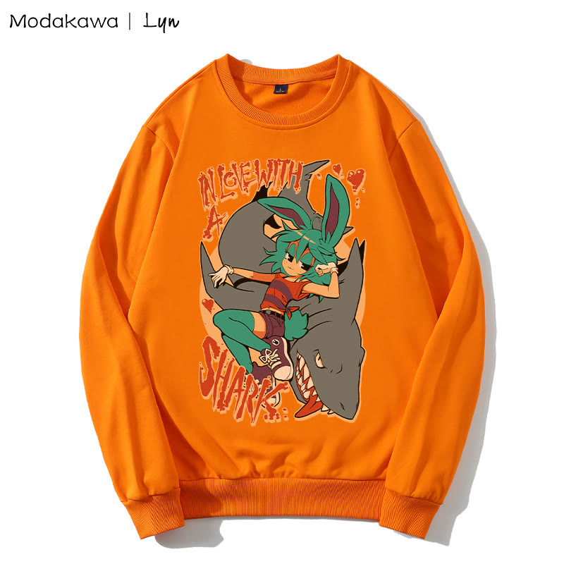 MODAKAWA X Lyn IN LOVE WITH A SHARK Sweatshirt mit Rundkragen und Bunny Girl-Hai-Print - Orange - 5XL - image 3