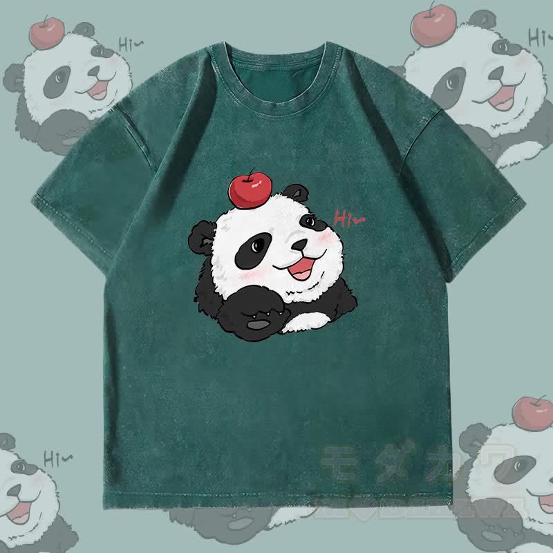 MODAKAWA Panda mit Apfel-Motiv Unisex Vintage Washed T-Shirt - Dunkelgrün - 4XL - image 3