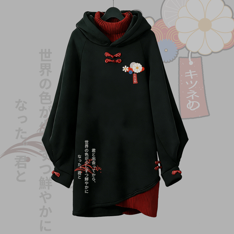 Vintage Kapuzenpullover-Kleid mit rotem Fuchs-Grafik und Schnalle - Black - 3XL - image 2