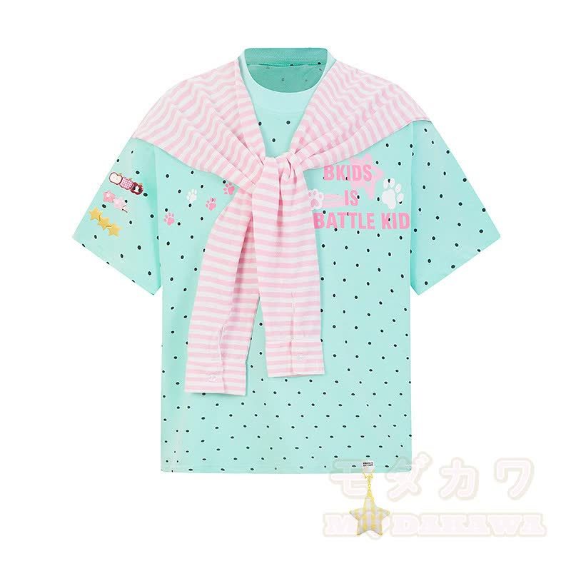 Hochwertiges, strapazierfähiges Set aus zweiteiligem Set: T-Shirt mit Polka-Dot-Stickerei und weit geschnittener Hose. - Grüne Spitze - XL - image 6