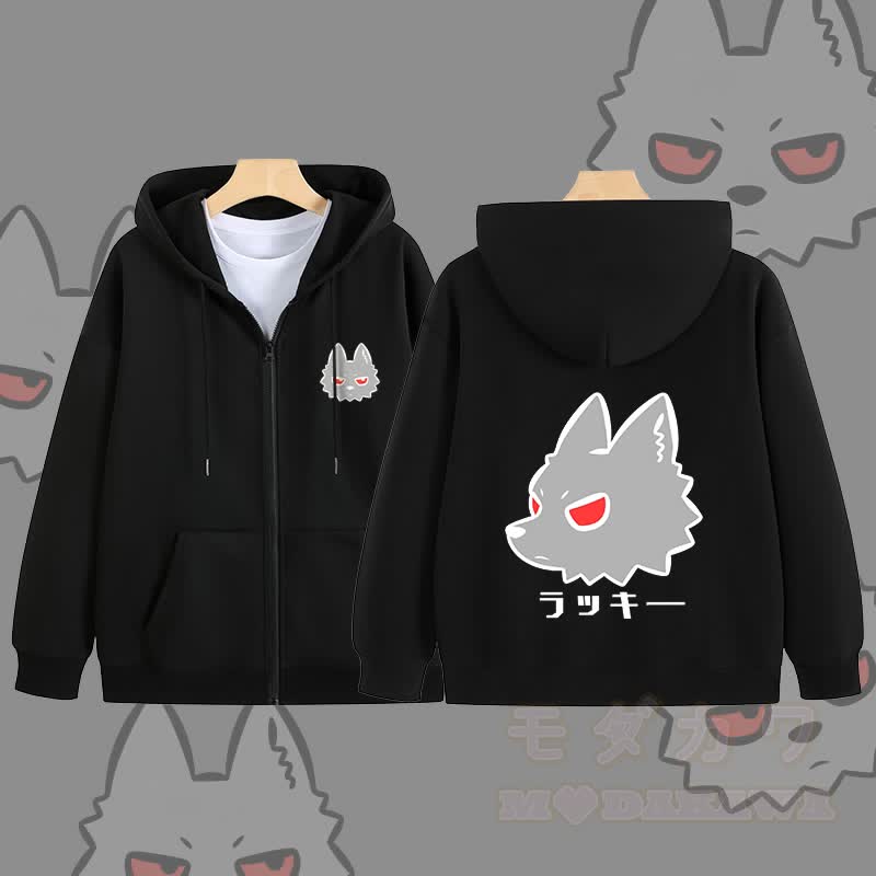 MODAKAWA Kapuzenpullover mit Reißverschluss und Rotaugenwolf-Motiv - Schwarz - 5XL - image 5