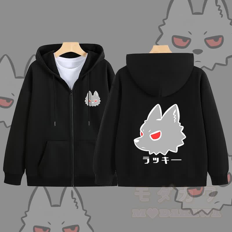 MODAKAWA Kapuzenpullover mit Reißverschluss und Rotaugenwolf-Motiv - Schwarz - 5XL - image 5