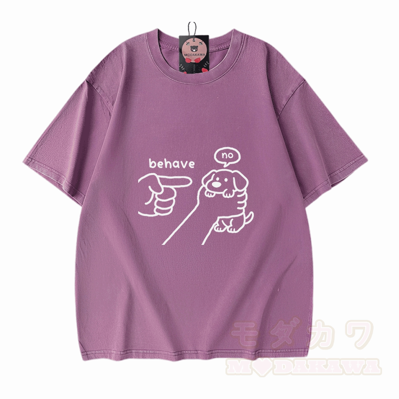 BEHAVE NO Puppy Graphic Modakawa Vintage Washed 100% Cotton T-Shirt - Lila - 5XL - image 6