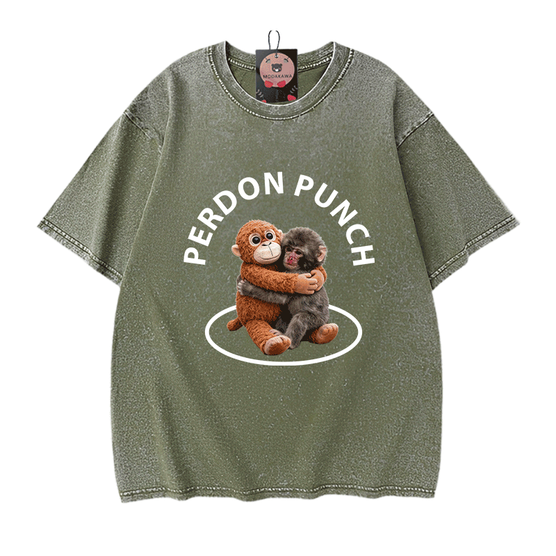 PERDON PUNCH Umarmungsaffen-Grafik Modakawa Unisex Vintage Washed T-Shirt - Green - 5XL - image 6