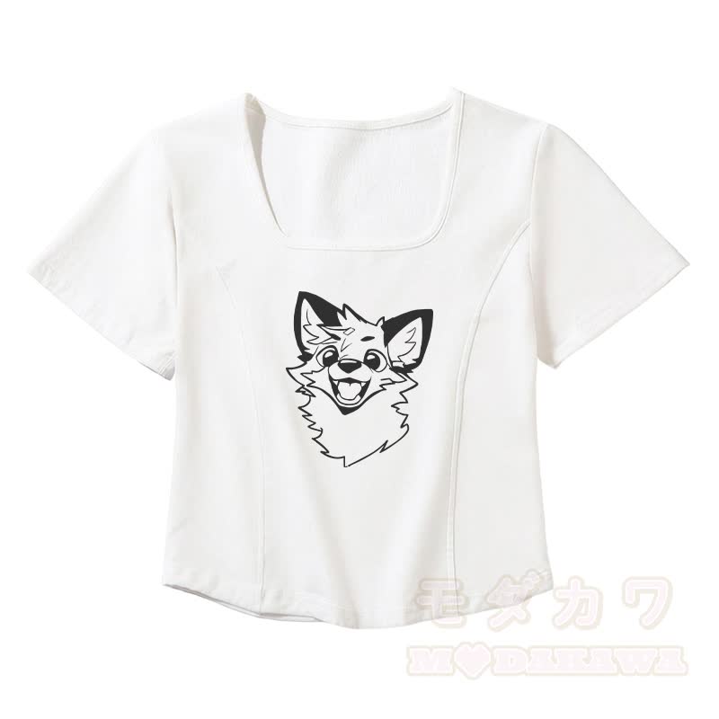 MODAKAWA X atka Lustiges Fuchs-T-Shirt mit eckigem Ausschnitt, Gürtel und passendem Faltenrock - Weißes T-Shirt - 2XL - image 4