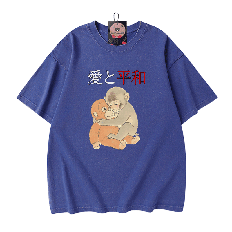 Peace Love Hugging PUNCH Monkey Graphic Modakawa Vintage Washed 100% Cotton T-Shirt - Blue - 5XL - image 4
