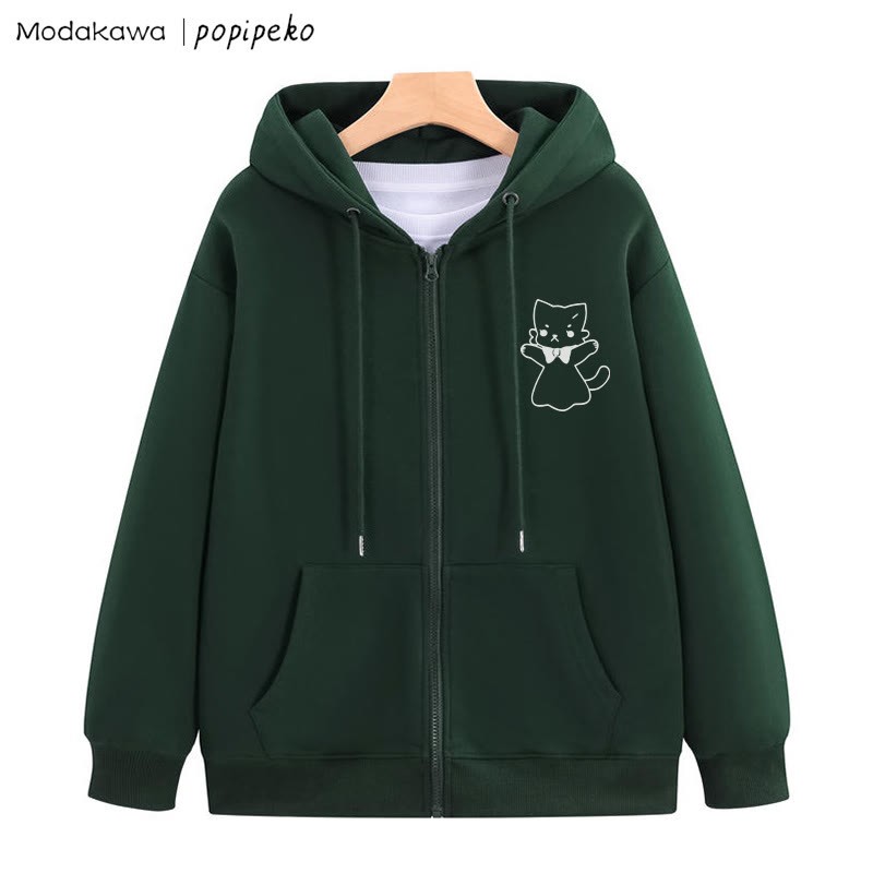 MODAKAWA X popipeko Open Arms Kitty Graphic Zip Up Hoodie Sweatshirt - Dark Green - 5XL - image 6