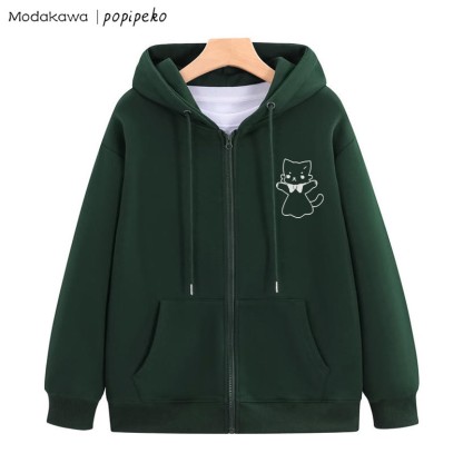 MODAKAWA X popipeko Open Arms Kitty Graphic Zip Up Hoodie Sweatshirt - Dark Green - 5XL - image 6