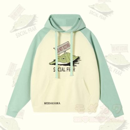 DO NOT DISTURB SOCIAL FEAR Streetwear-Hoodie mit Frosch-Grafik und Farben - Hellgrün&Aprikose - 3XL - image 3