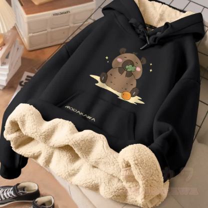 MODAKAWA Winterhoodie mit dickem Fleecefutter und Motiv eines fressenden Wasserschweins - Schwarz - 2XL - image 3