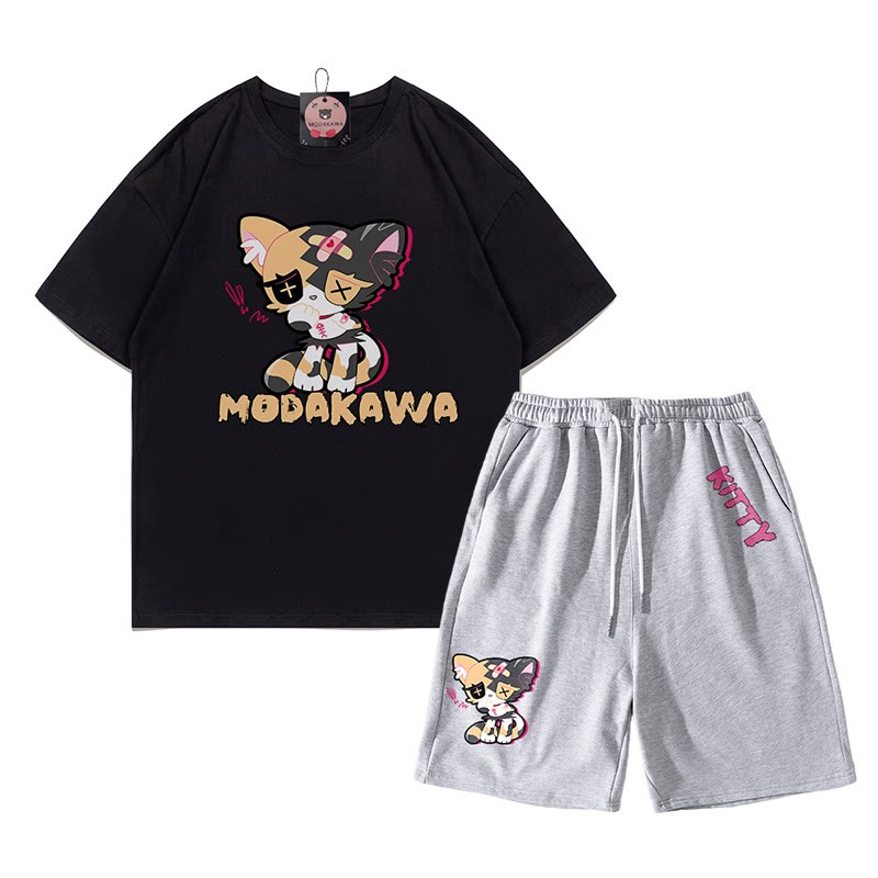 Sad Kitty Grafik Dark Aesthetic T-Shirt Shorts Zweiteiliges Set - Schwarz&Grau - B - 5XL - image 17