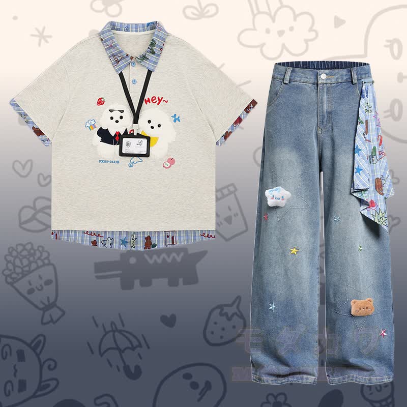 Flock Puppy Gingham Grafik-Polo-Shirt, Star Denimhose, Modakawa passendes Outfit - Satz D - XL - image 4