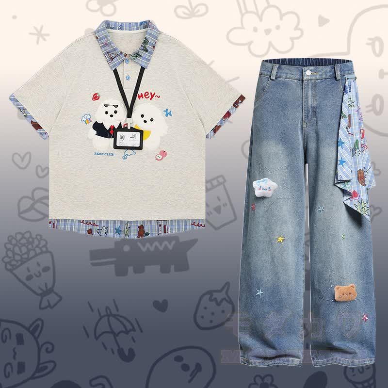 Flock Puppy Gingham Grafik-Polo-Shirt, Star Denimhose, Modakawa passendes Outfit - Satz D - XL - image 4
