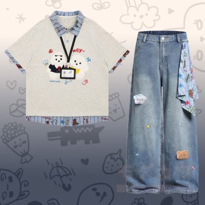 Flock Puppy Gingham Grafik-Polo-Shirt, Star Denimhose, Modakawa passendes Outfit - Satz D - XL - image 4