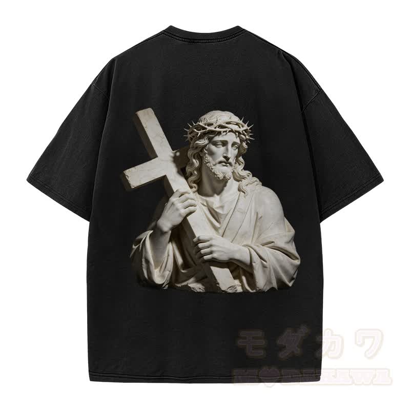 Modakawa Vintage T-Shirt mit Kreuzstatue-Motiv, gewaschen aus 100 % Baumwolle - image 4