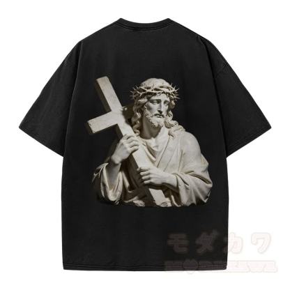 Modakawa Vintage T-Shirt mit Kreuzstatue-Motiv, gewaschen aus 100 % Baumwolle - image 4