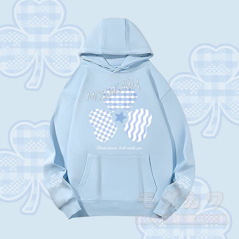 MODAKAWA Blauer Gingham-Hoodie mit dreifachem Kleeblatt-Motiv, schwere Ausführung - Blau - 2XL - image 3