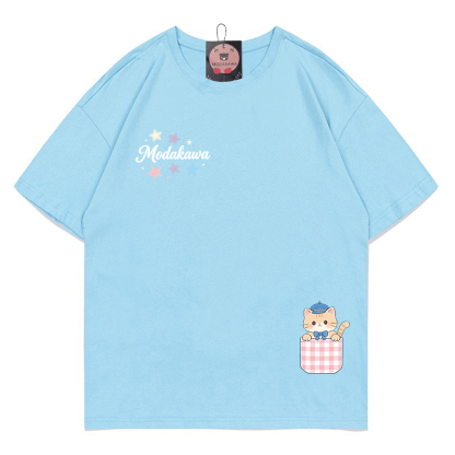 Modakawa T-Shirt mit Taschenkatzen- und Sternenmotiv aus 100 % Baumwolle - Sky Blue - 5XL - image 3