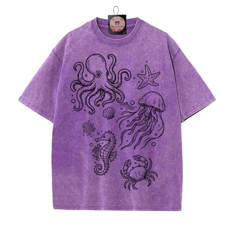 Handgezeichnetes Ocean Creatures Grafik Unisex Vintage Washed T-Shirt - Lila - 5XL - image 5