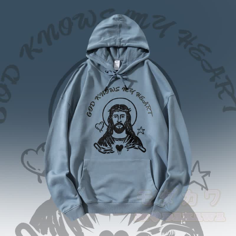 MODAKAWA GOTT KENNT MEIN HERZ God Graphic Streetwear Pullover Hoodie - Blau - 5XL - image 3